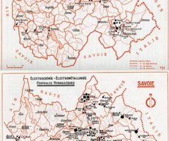 Cartes relatives à l’électrochimie, l’électrométallurgie et les centrales hydrauliques en Haute-Savoie et Savoie, extraites du Mémorial de Savoie, 1960.